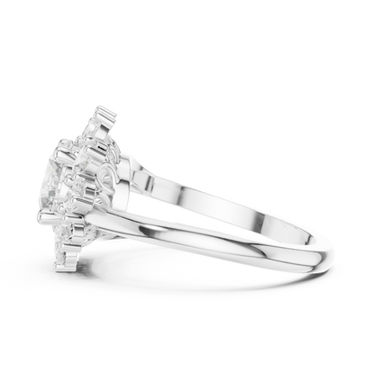 2.43ctw Round Diamond Starburst Floral Halo Ring Plain Band - Solid Gold