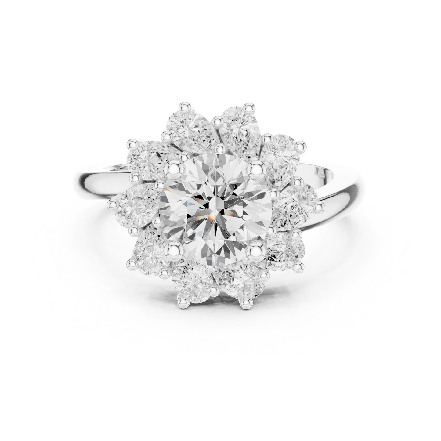2.43ctw Round Diamond Starburst Floral Halo Ring Plain Band - Solid Gold