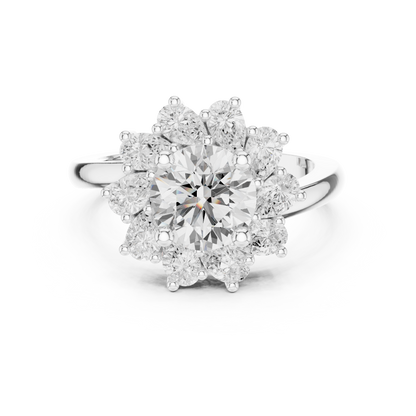 2.43ctw Round Diamond Starburst Floral Halo Ring Plain Band - Solid Gold