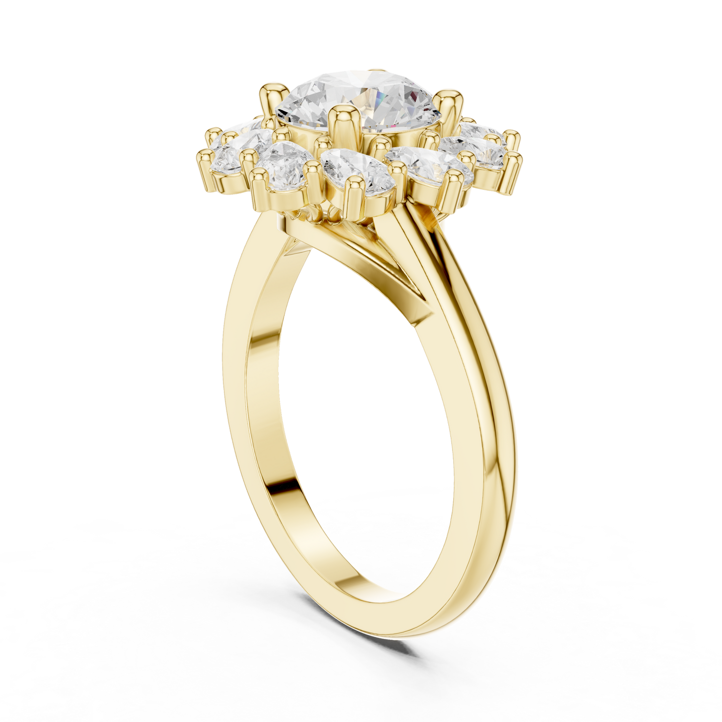 2.43ctw Round Diamond Starburst Floral Halo Ring Plain Band - Solid Gold