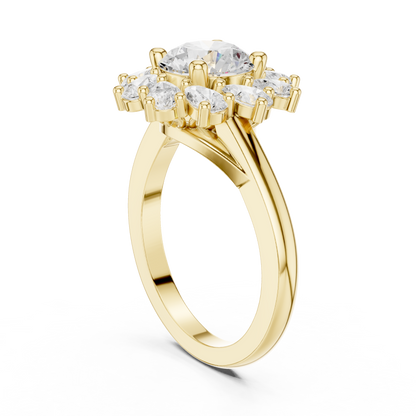 2.43ctw Round Diamond Starburst Floral Halo Ring Plain Band - Solid Gold