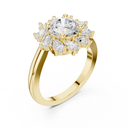 2.43ctw Round Diamond Starburst Floral Halo Ring Plain Band - Solid Gold