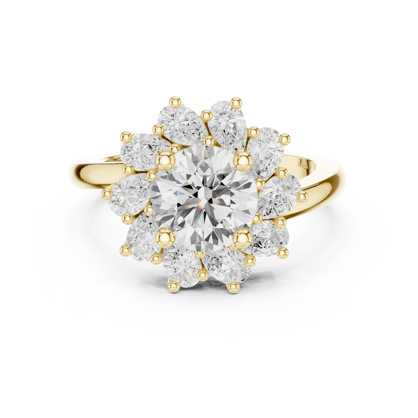 2.43ctw Round Diamond Starburst Floral Halo Ring Plain Band - Solid Gold