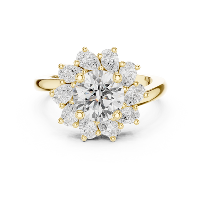 2.43ctw Round Diamond Starburst Floral Halo Ring Plain Band - Solid Gold