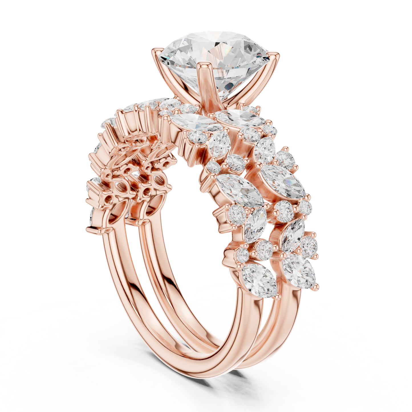 3.70ctw Wide Marquise Cluster Round Diamond Statement Bridal Ring | Yellow Gold