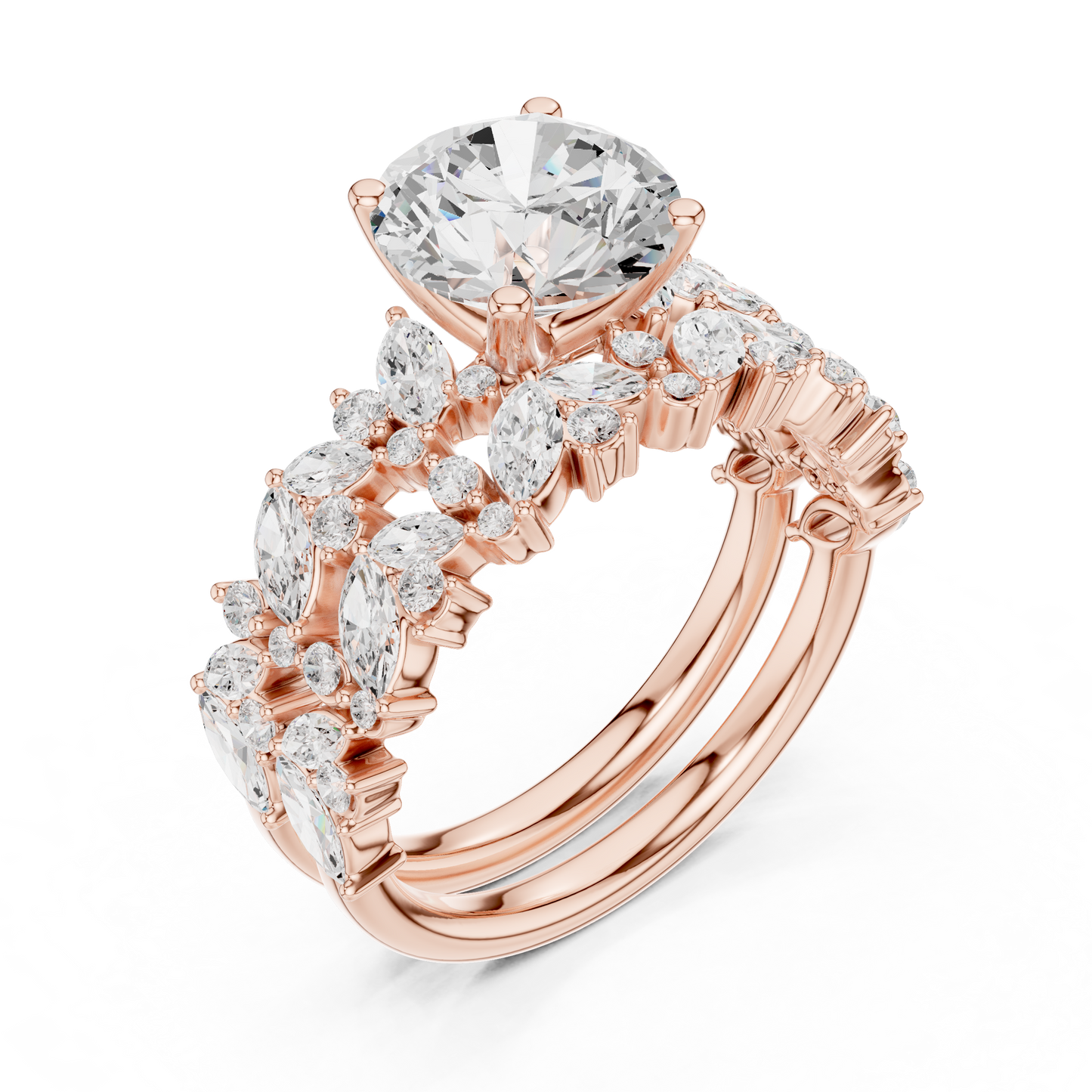 3.70ctw Wide Marquise Cluster Round Diamond Statement Bridal Ring | Yellow Gold