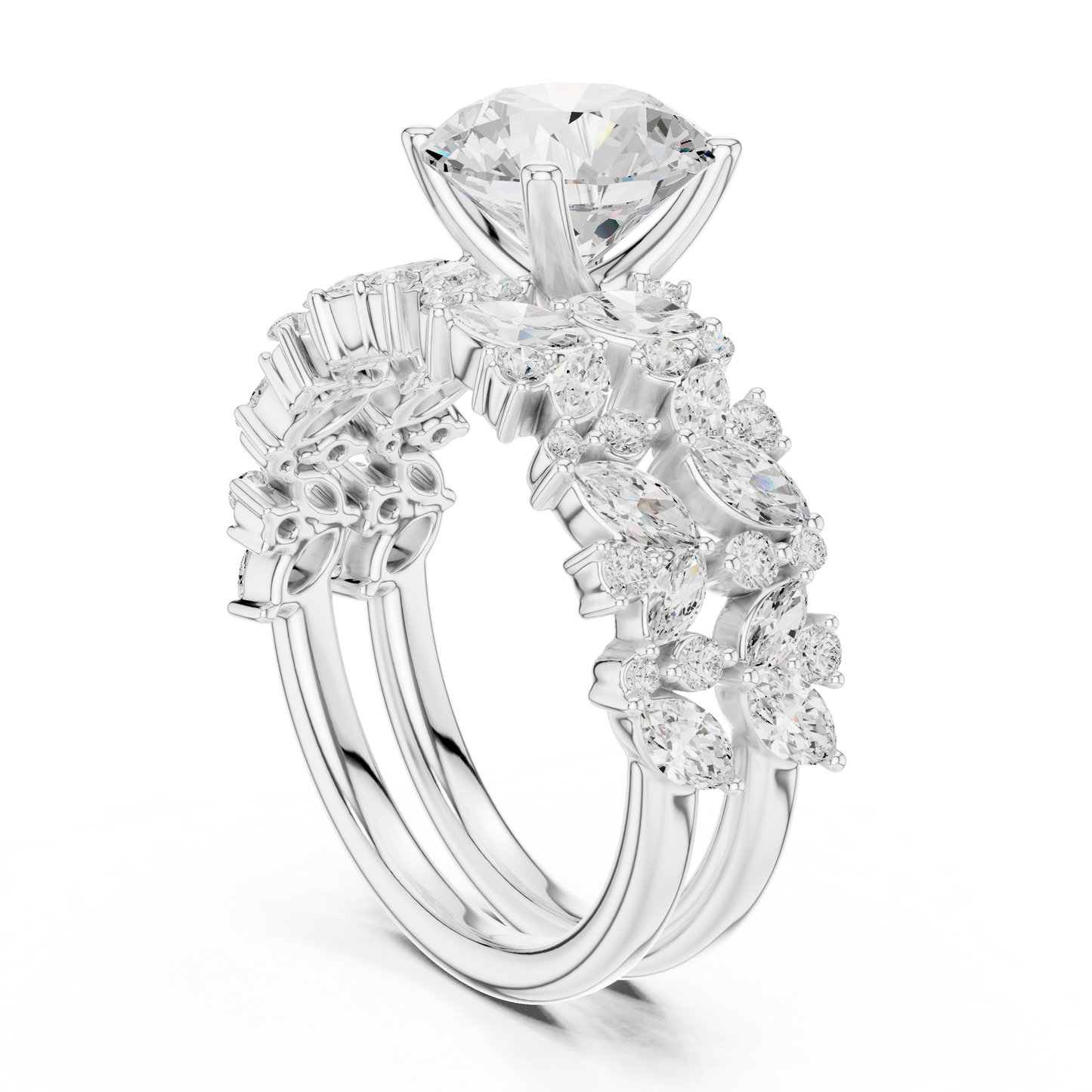 3.70ctw Wide Marquise Cluster Round Diamond Statement Bridal Ring | Yellow Gold