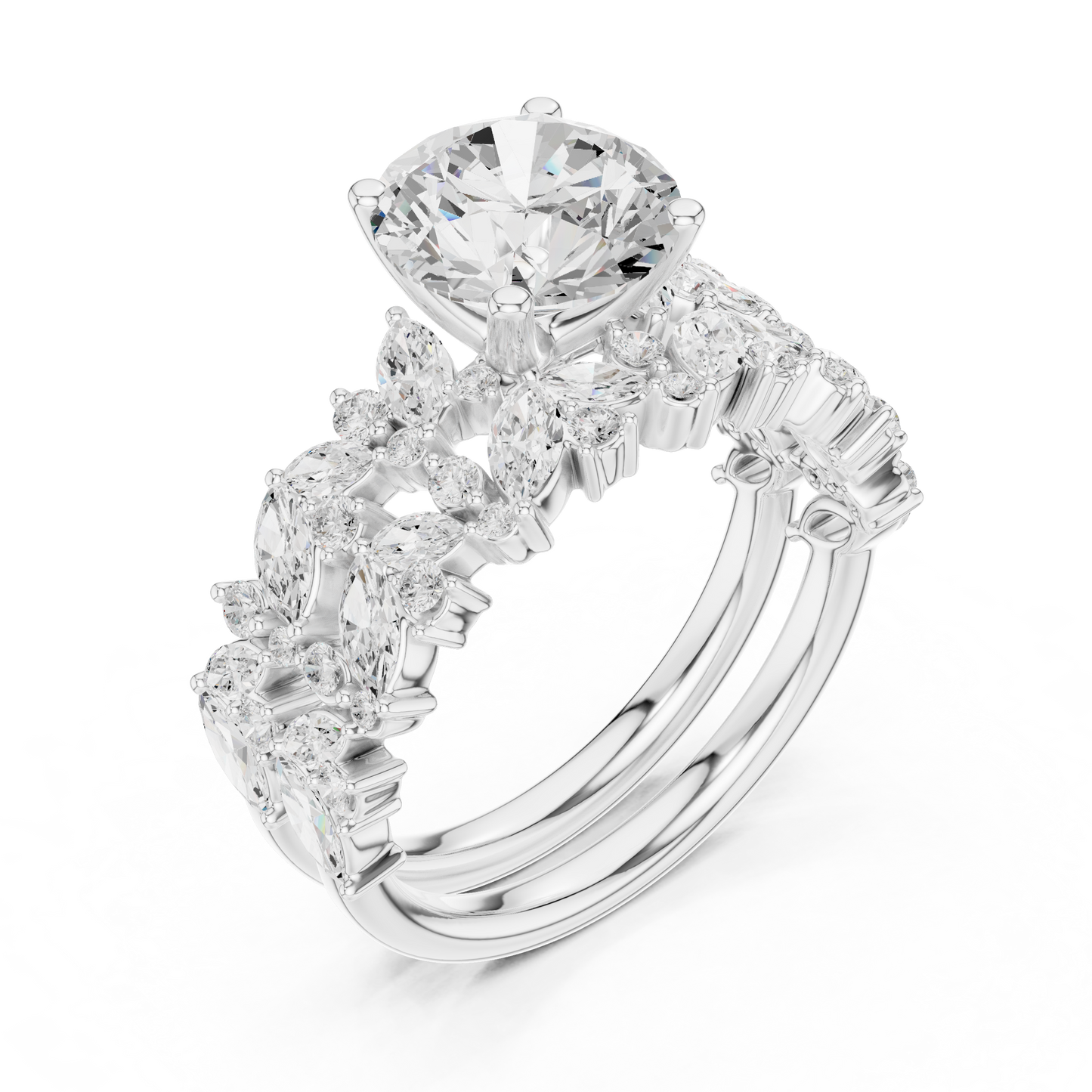 3.70ctw Wide Marquise Cluster Round Diamond Statement Bridal Ring | Yellow Gold
