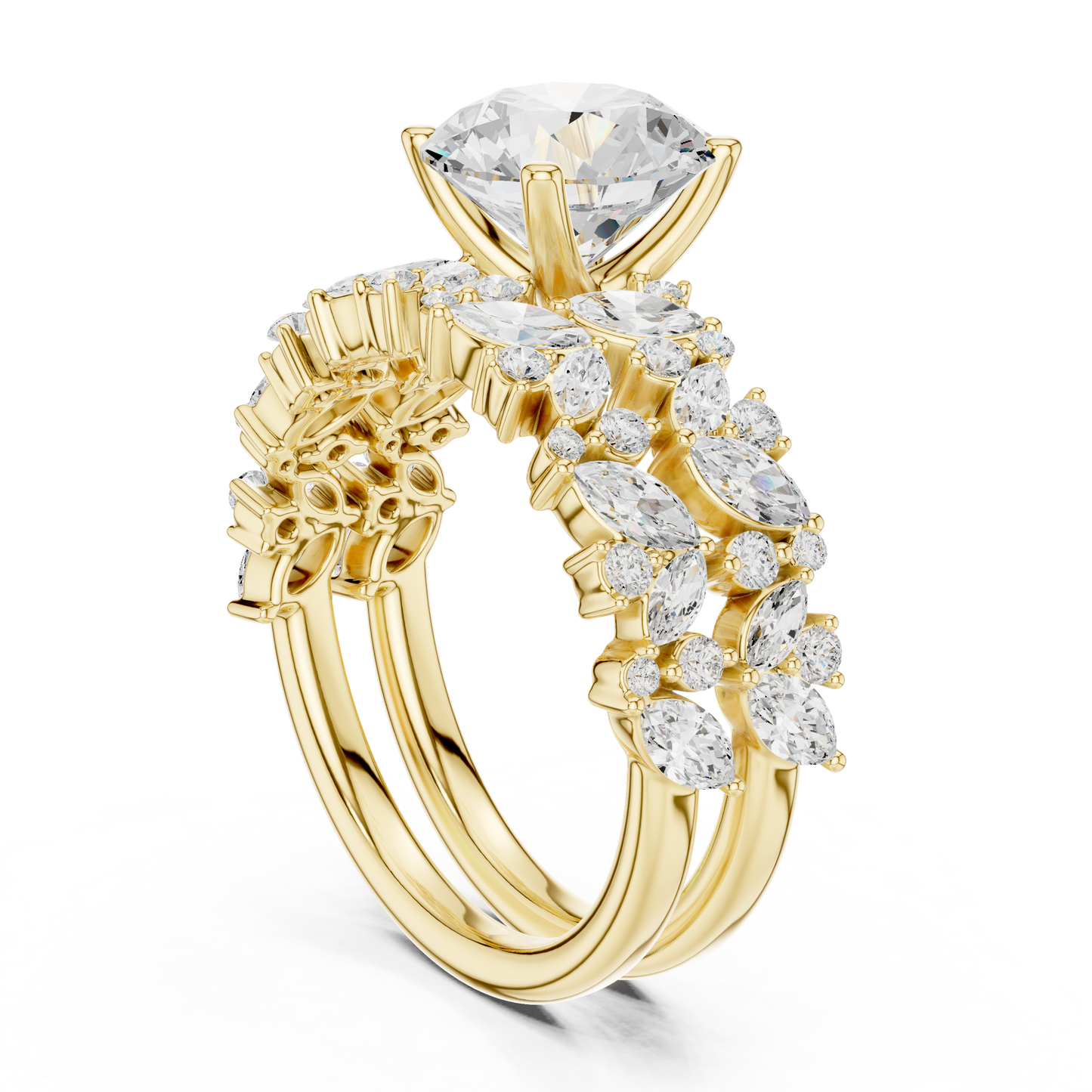 3.70ctw Wide Marquise Cluster Round Diamond Statement Bridal Ring | Yellow Gold