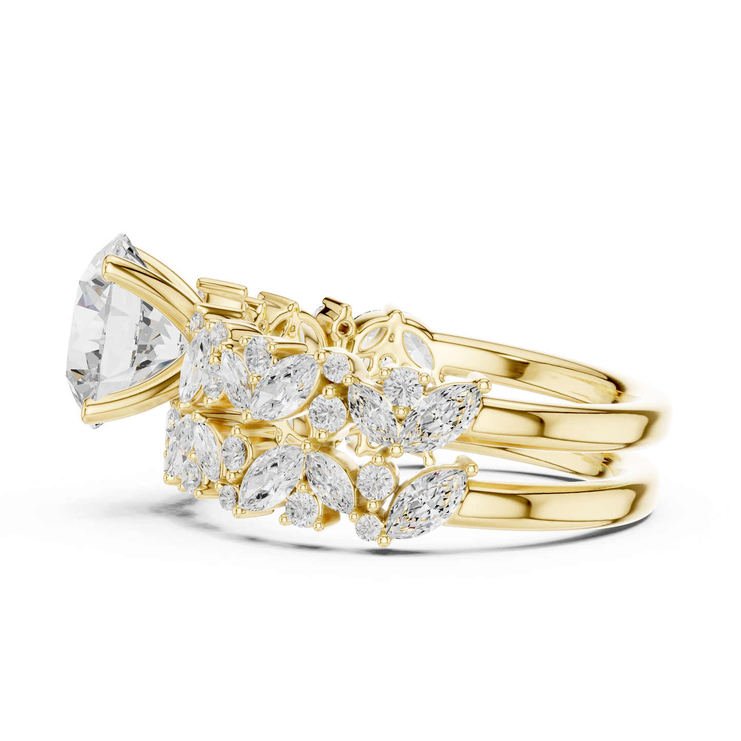 3.70ctw Wide Marquise Cluster Round Diamond Statement Bridal Ring | Yellow Gold