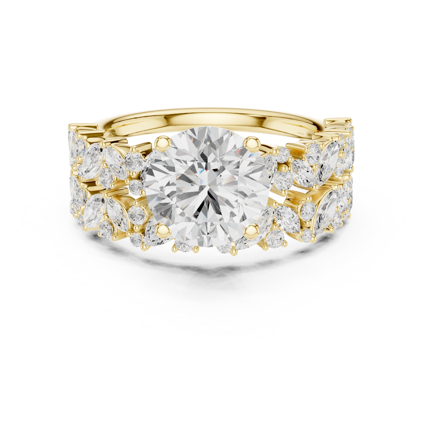 3.70ctw Wide Marquise Cluster Round Diamond Statement Bridal Ring | Yellow Gold