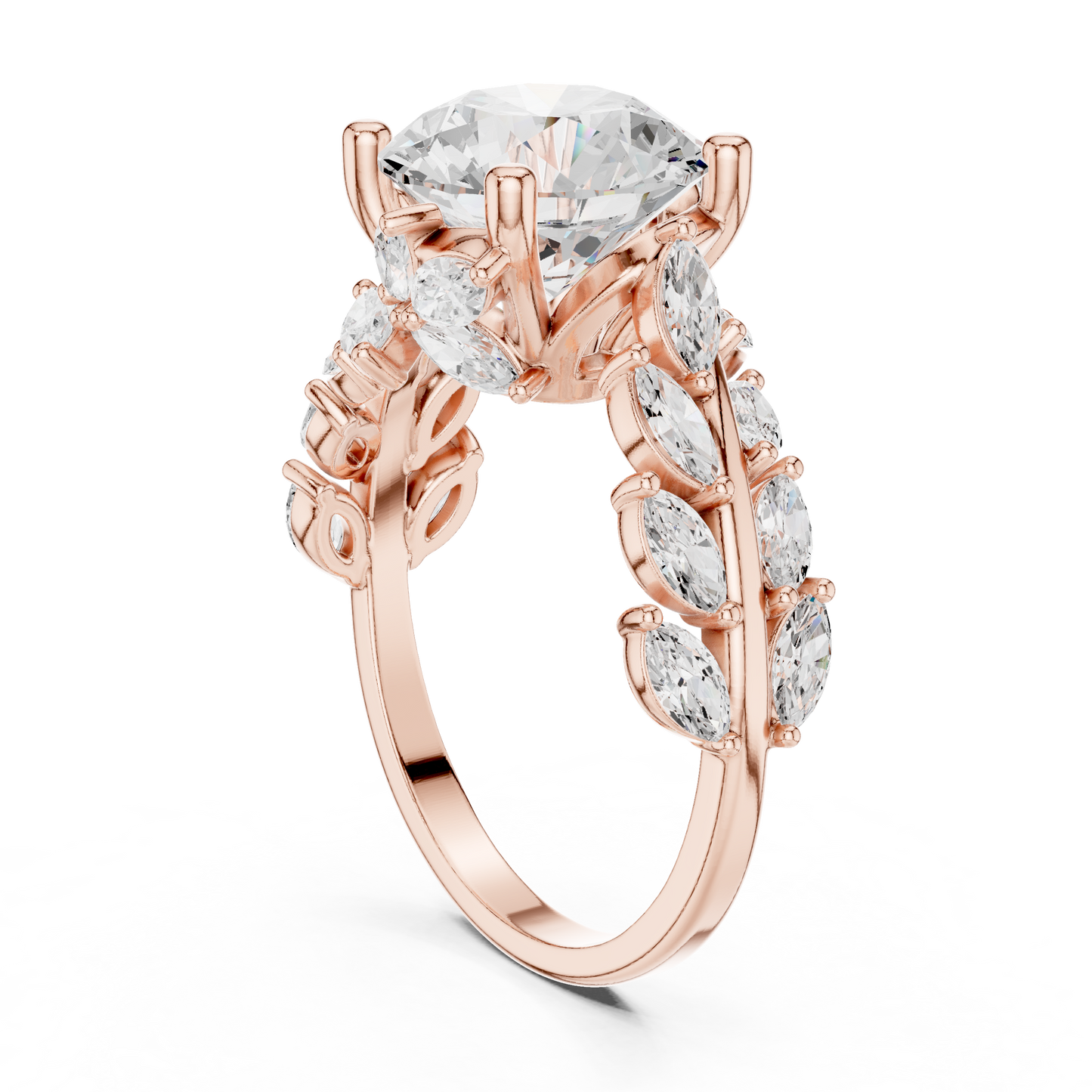 4.15ctw Nature Inspired Round & Marquise Leaf Vine Ring | Yellow Gold