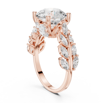 4.15ctw Nature Inspired Round & Marquise Leaf Vine Ring | Yellow Gold