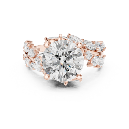 4.15ctw Nature Inspired Round & Marquise Leaf Vine Ring | Yellow Gold