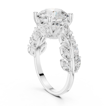 4.15ctw Nature Inspired Round & Marquise Leaf Vine Ring | Yellow Gold