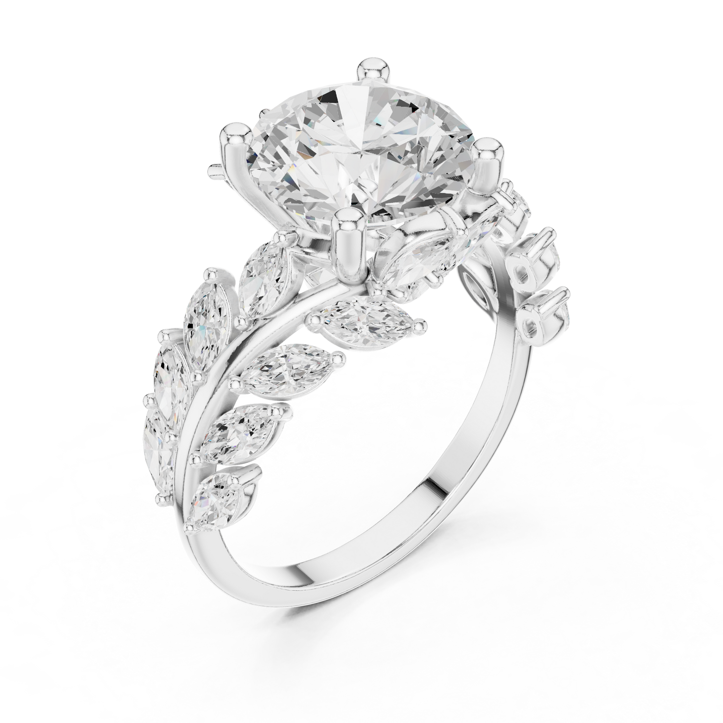 4.15ctw Nature Inspired Round & Marquise Leaf Vine Ring | Yellow Gold