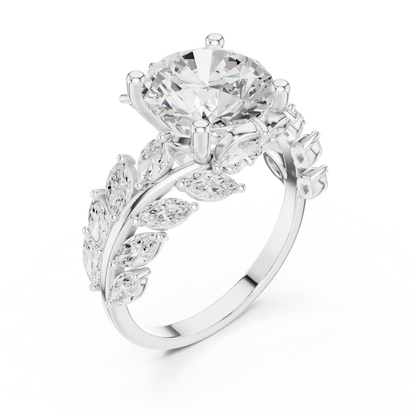 4.15ctw Nature Inspired Round & Marquise Leaf Vine Ring | Yellow Gold