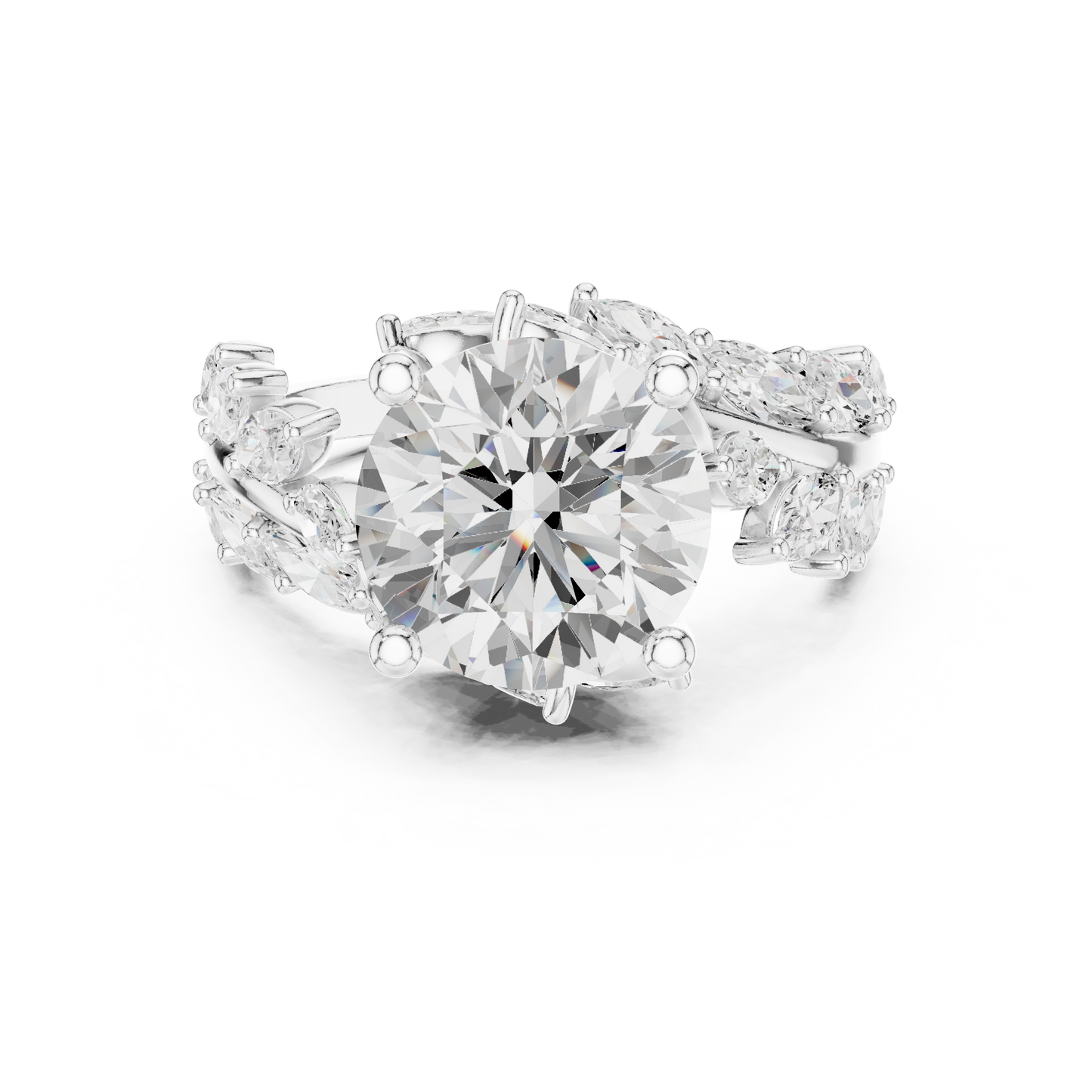 4.15ctw Nature Inspired Round & Marquise Leaf Vine Ring | Yellow Gold