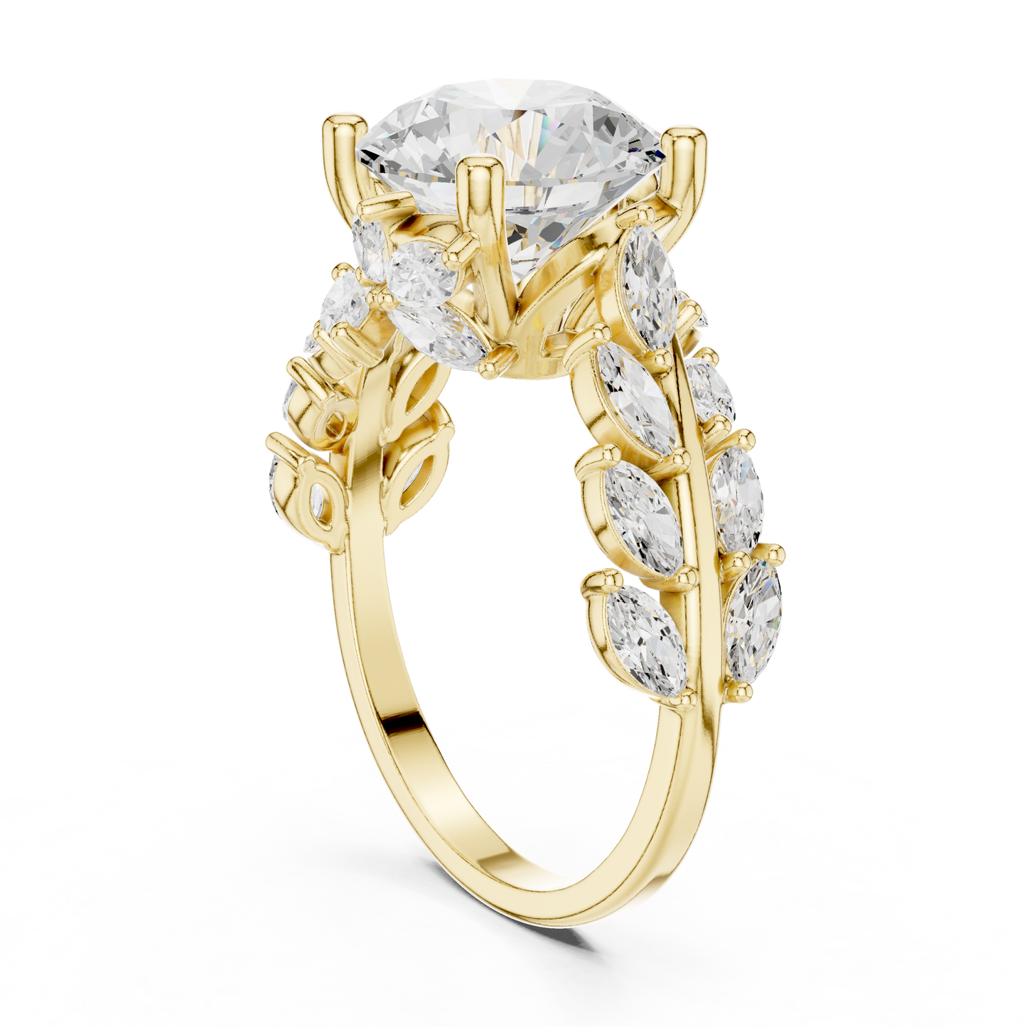 4.15ctw Nature Inspired Round & Marquise Leaf Vine Ring | Yellow Gold
