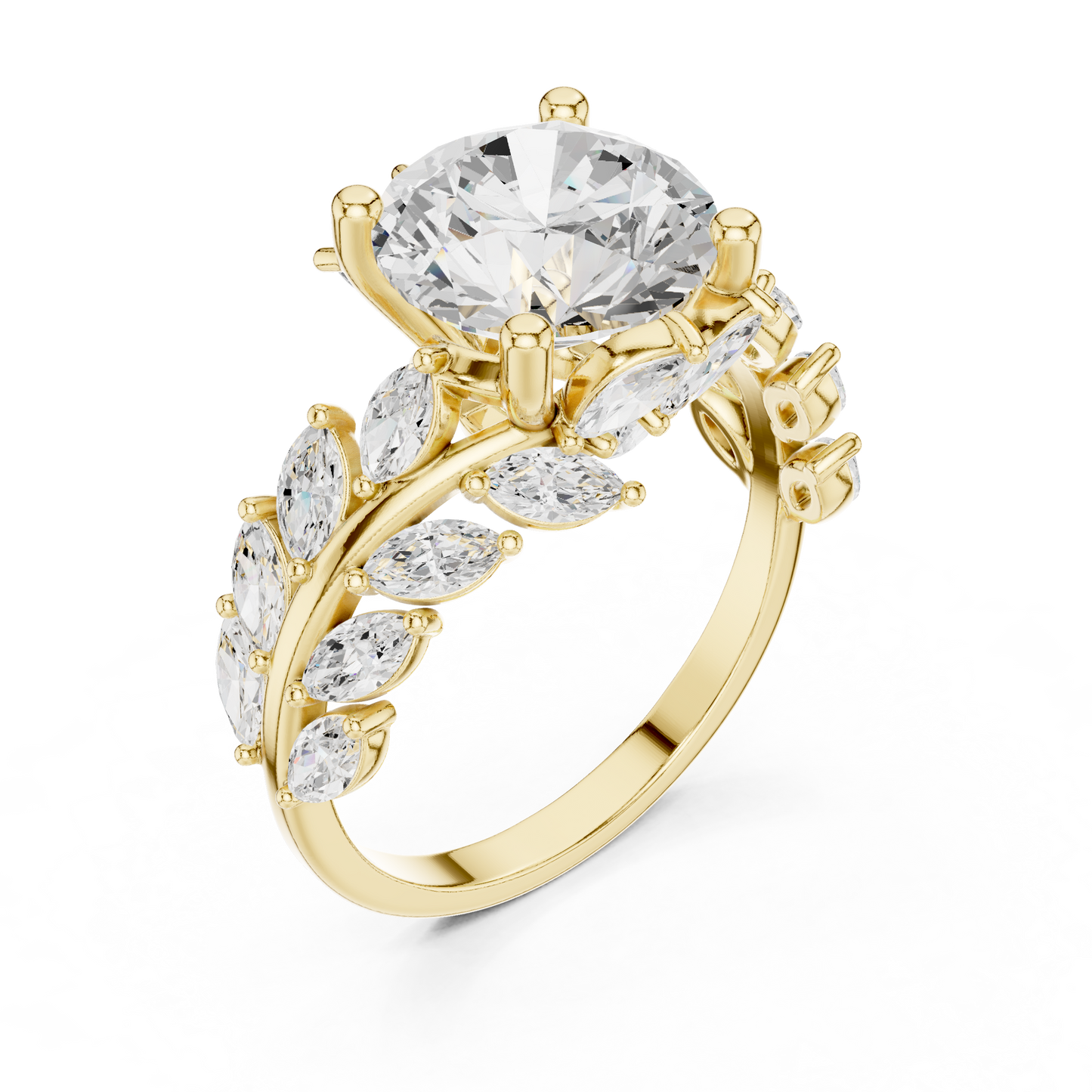4.15ctw Nature Inspired Round & Marquise Leaf Vine Ring | Yellow Gold