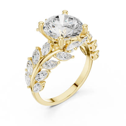4.15ctw Nature Inspired Round & Marquise Leaf Vine Ring | Yellow Gold