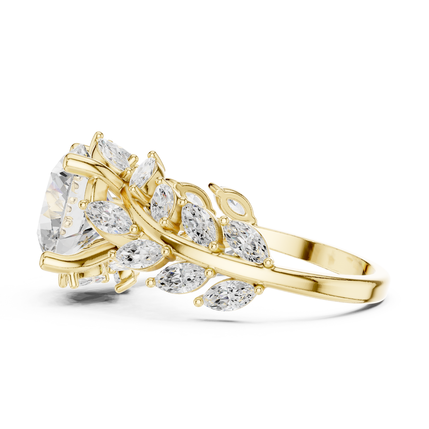 4.15ctw Nature Inspired Round & Marquise Leaf Vine Ring | Yellow Gold