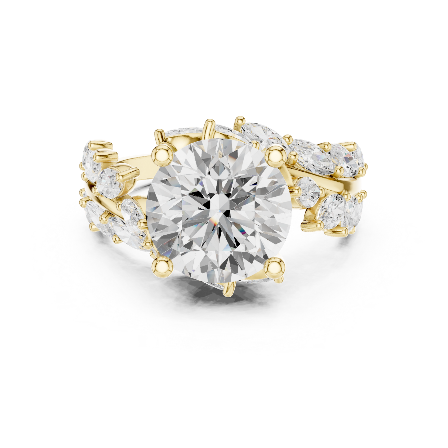 4.15ctw Nature Inspired Round & Marquise Leaf Vine Ring | Yellow Gold