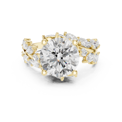 4.15ctw Nature Inspired Round & Marquise Leaf Vine Ring | Yellow Gold