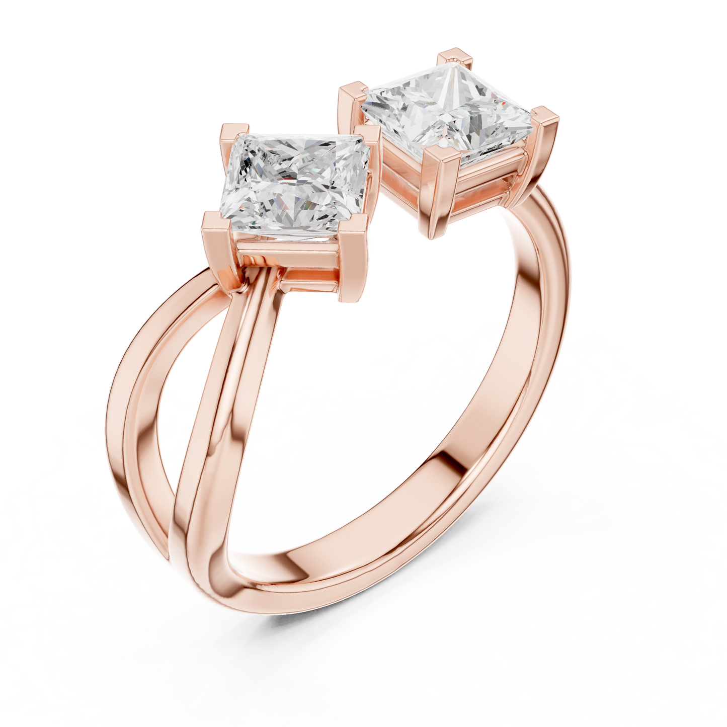 1.36ctw Asymmetric Princess Cut Two Stone Open Ring | Yellow Gold