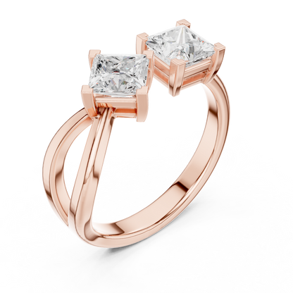 1.36ctw Asymmetric Princess Cut Two Stone Open Ring | Yellow Gold