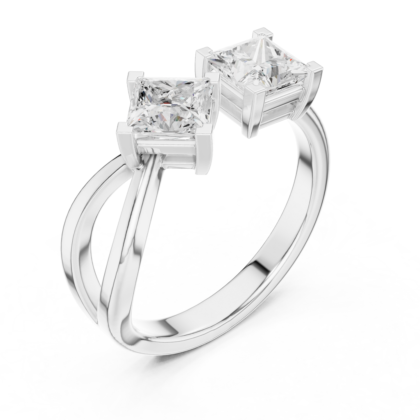 1.36ctw Asymmetric Princess Cut Two Stone Open Ring | Yellow Gold