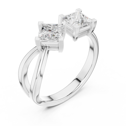 1.36ctw Asymmetric Princess Cut Two Stone Open Ring | Yellow Gold