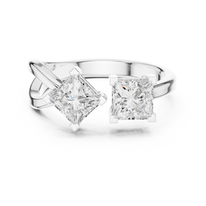 1.36ctw Asymmetric Princess Cut Two Stone Open Ring | Yellow Gold
