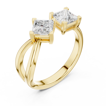 1.36ctw Asymmetric Princess Cut Two Stone Open Ring | Yellow Gold