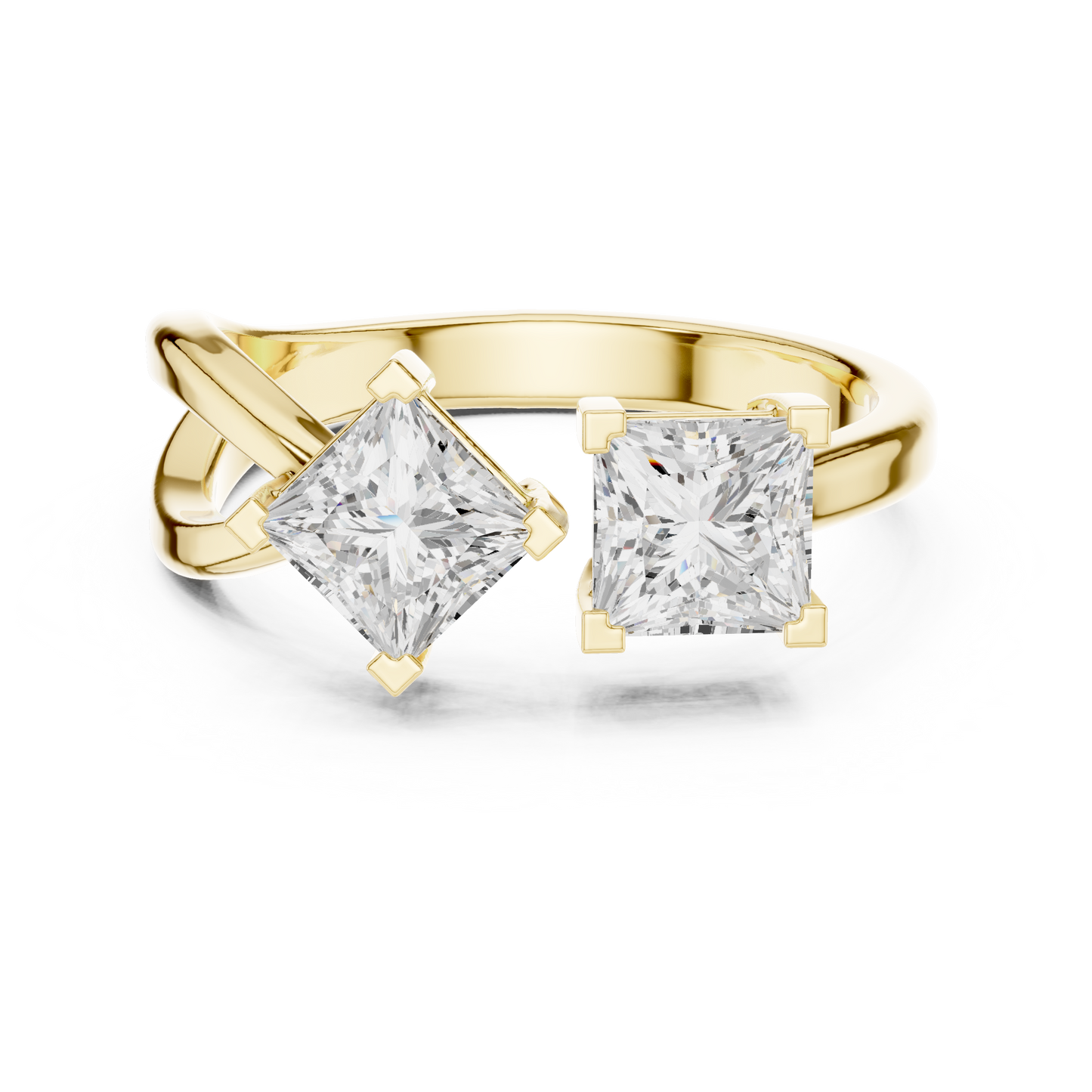 1.36ctw Asymmetric Princess Cut Two Stone Open Ring | Yellow Gold