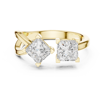 1.36ctw Asymmetric Princess Cut Two Stone Open Ring | Yellow Gold