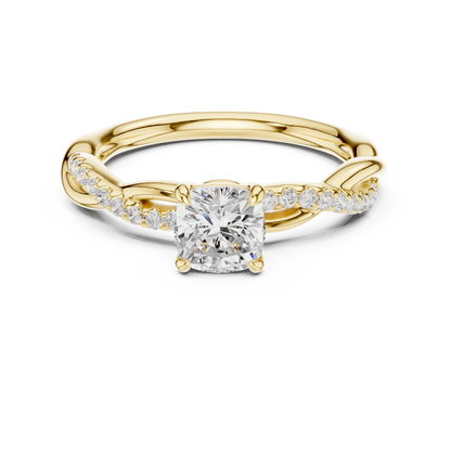 0.84ctw Cushion Cut Twisted Pavé Engagement Ring | Yellow Gold