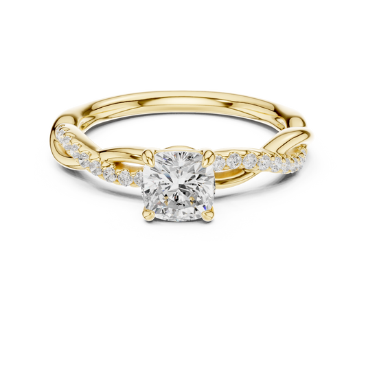 0.84 Carat Cushion Cut Twisted Pavé Engagement Ring | Yellow Gold