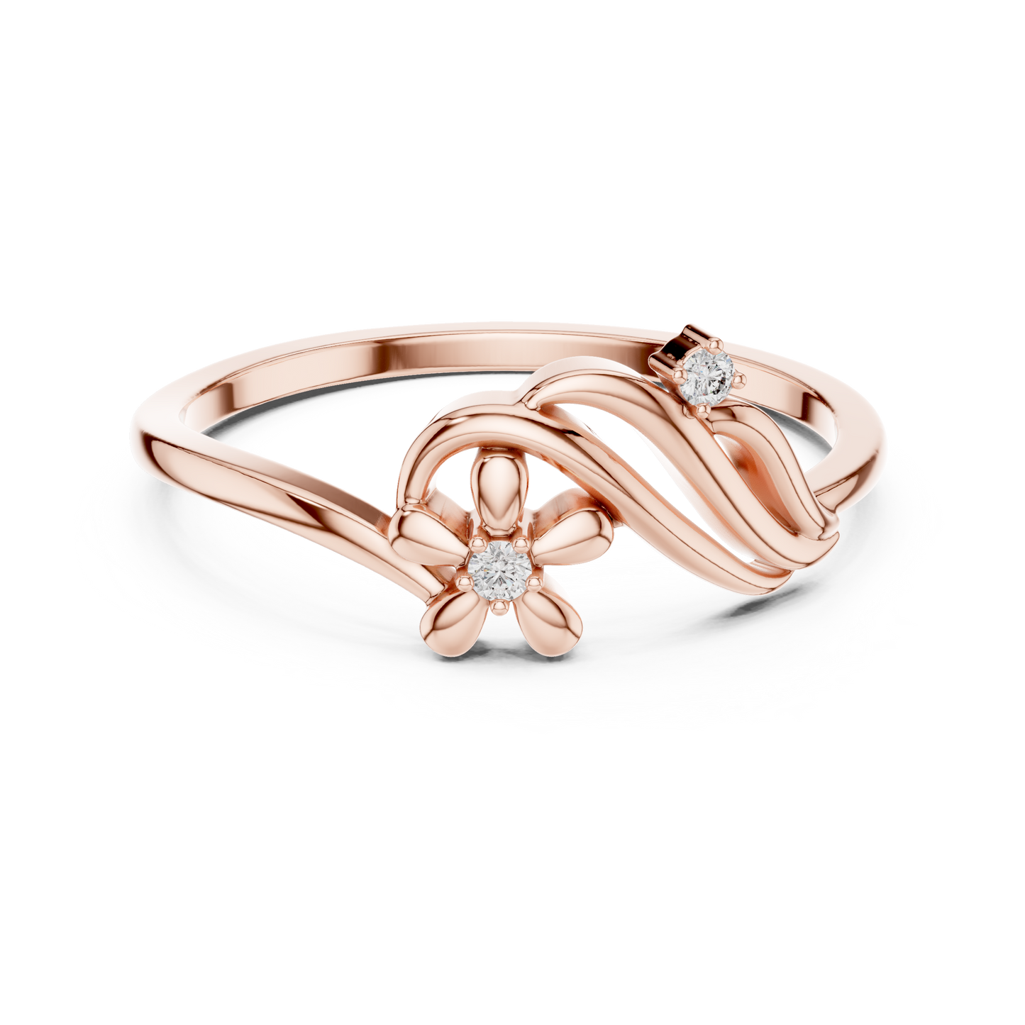 0.02 Carat Diamond Flower Wave Ribbon Ring | Yellow Gold