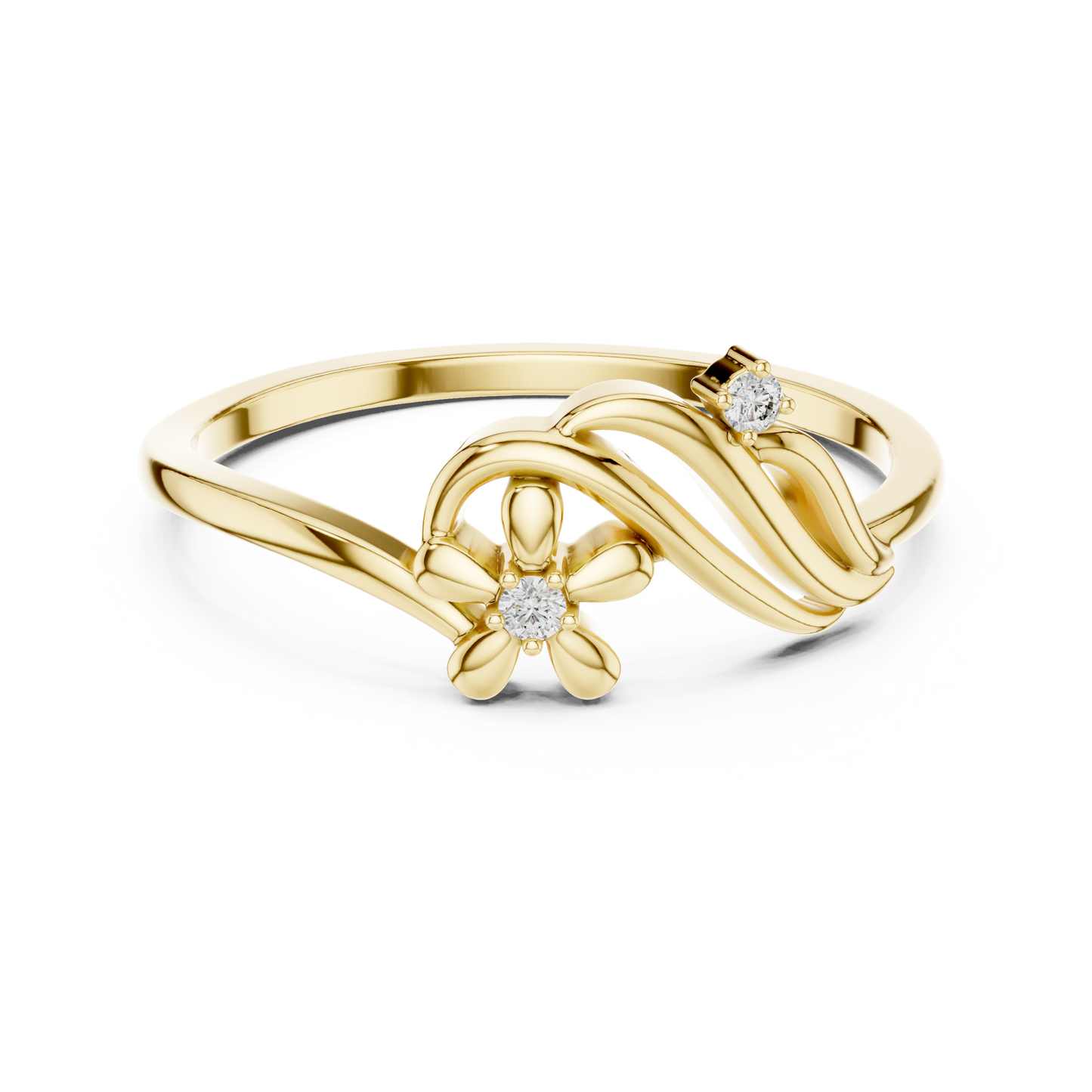 0.02 Carat Diamond Flower Wave Ribbon Ring | Yellow Gold