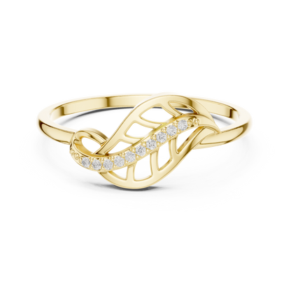 0.04 Carat Diamond Leaf Filigree Wave Ring | Yellow Gold