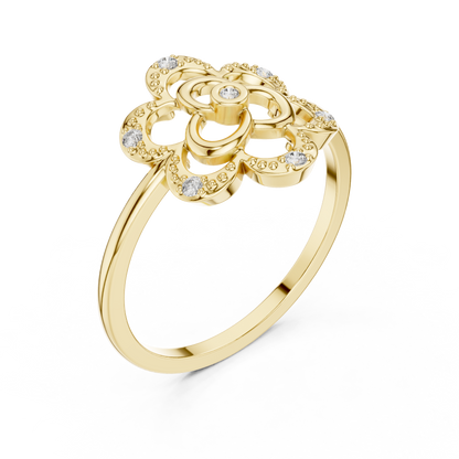 0.07 Diamond Geometric Flower Medallion Ring | Yellow Gold