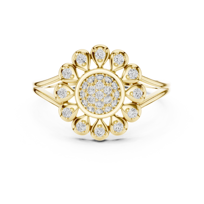 0.23ctw Round Diamond Sunflower Starburst Medallion Ring | Solid Gold