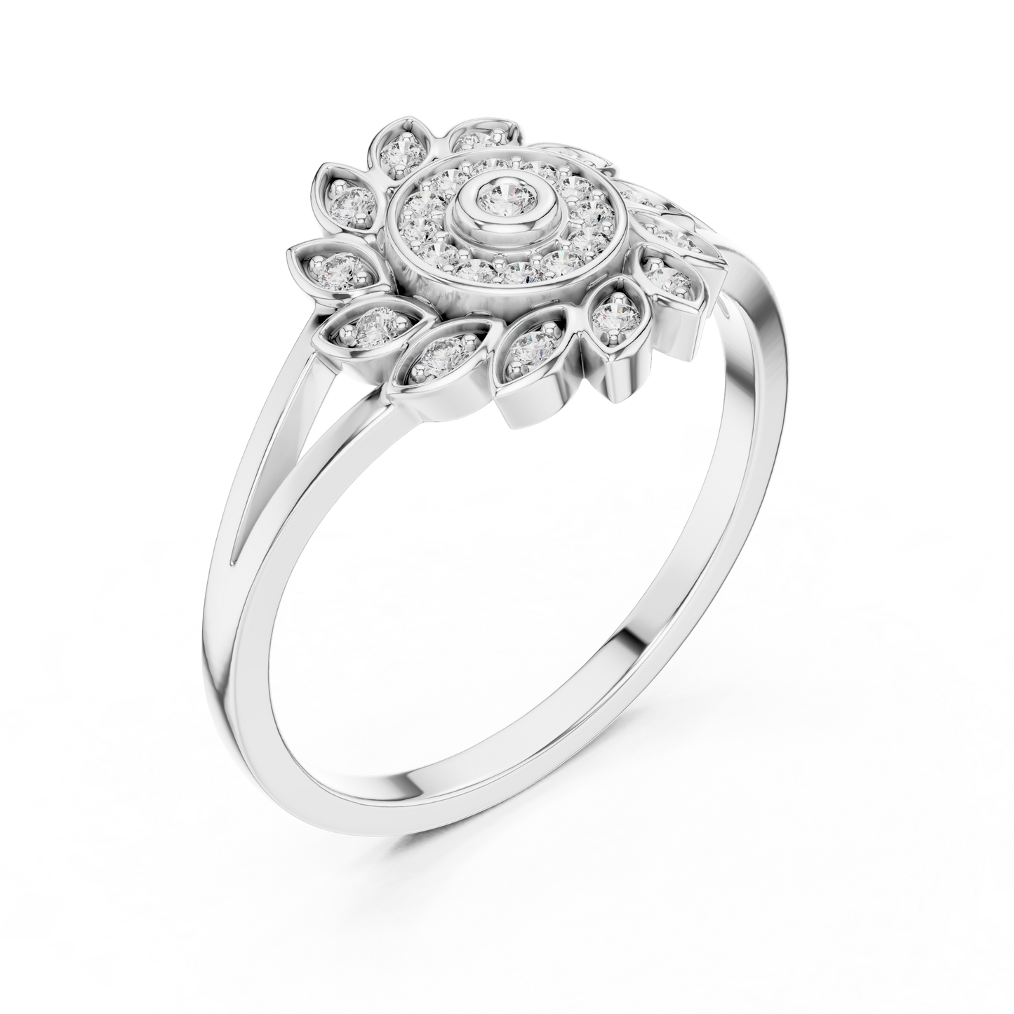 0.15ctw Diamond Pinwheel Sunburst Medallion Ring | Solid Gold