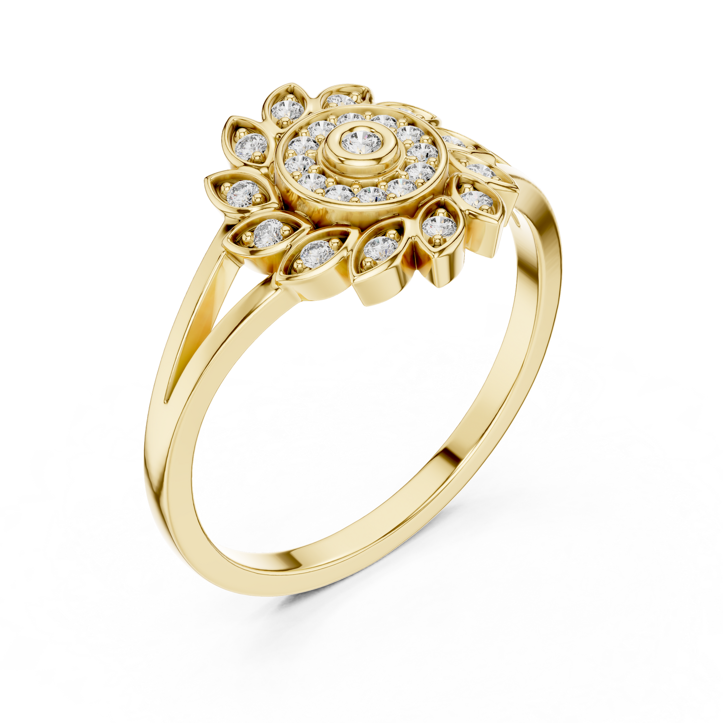 0.15ctw Diamond Pinwheel Sunburst Medallion Ring | Solid Gold