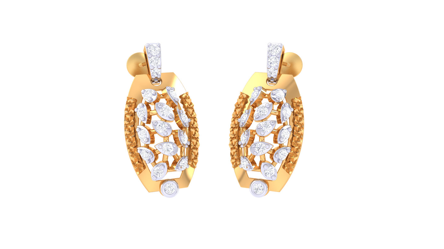 Almond Grid Drop Earrings In Yellow Gold - 0.27 Ct Round Cut Diamonds