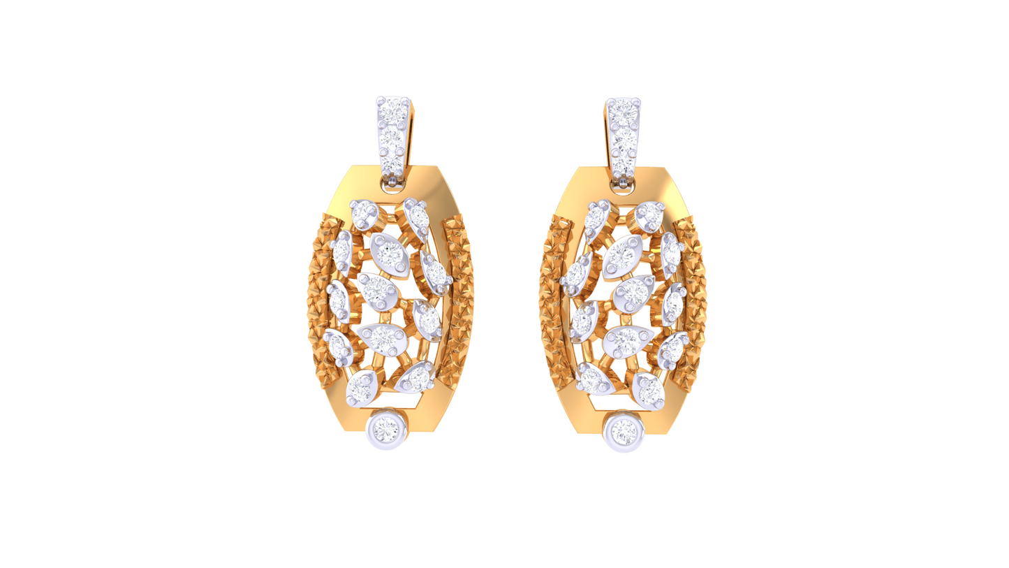 Almond Grid Drop Earrings In Yellow Gold - 0.27 Ct Round Cut Diamonds