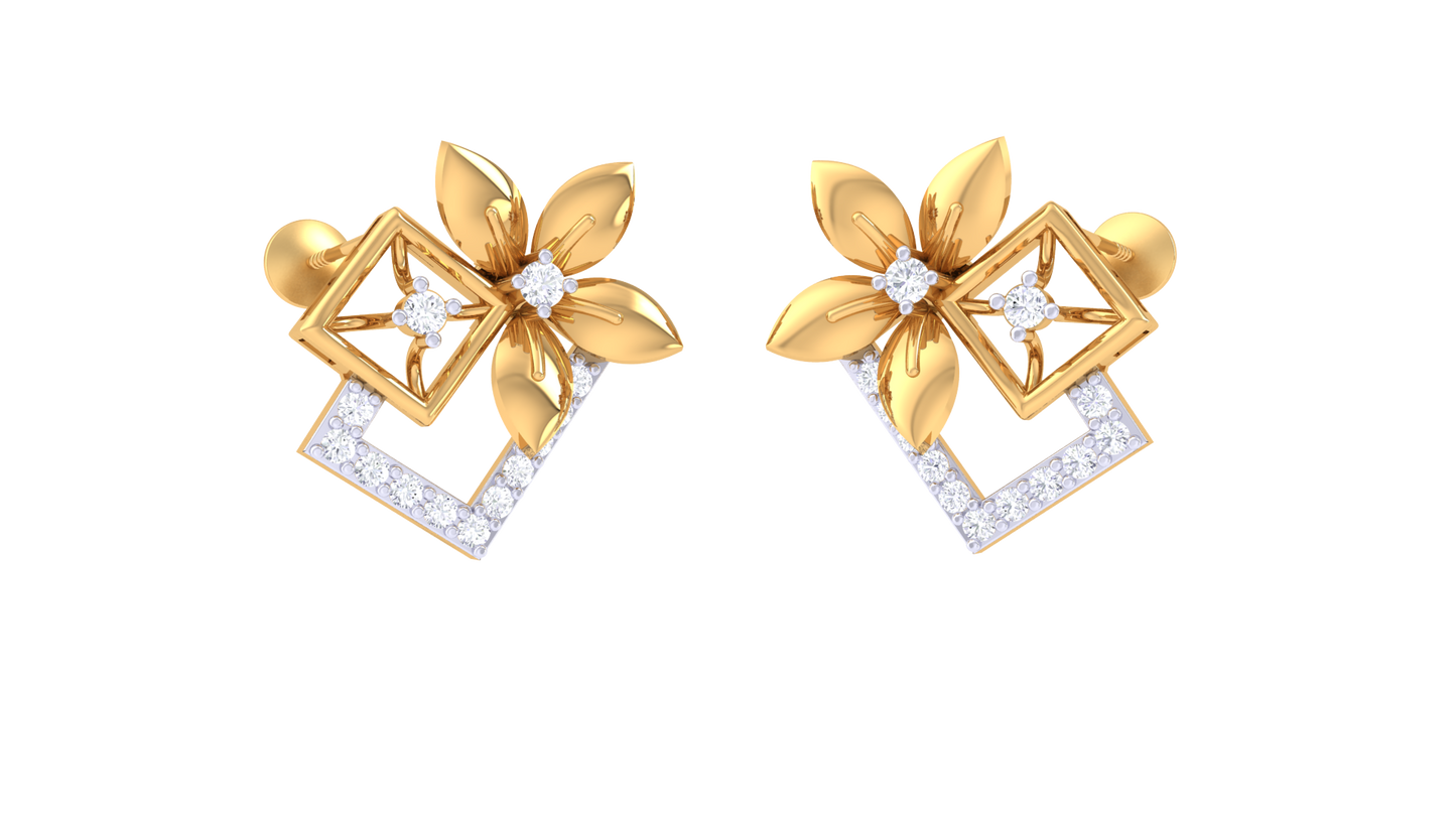 Duet Flora Frame Earrings In Yellow Gold - 0.26 Ct Sparkling Round Cut Dimonds