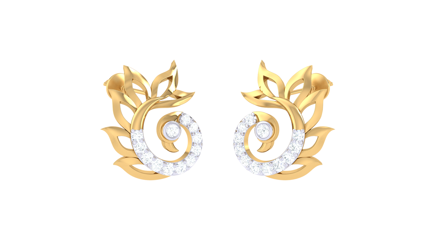 Swirls Leaf Stud Earrings In Gold – 0.25 Ct Brilliant Cut Diamonds