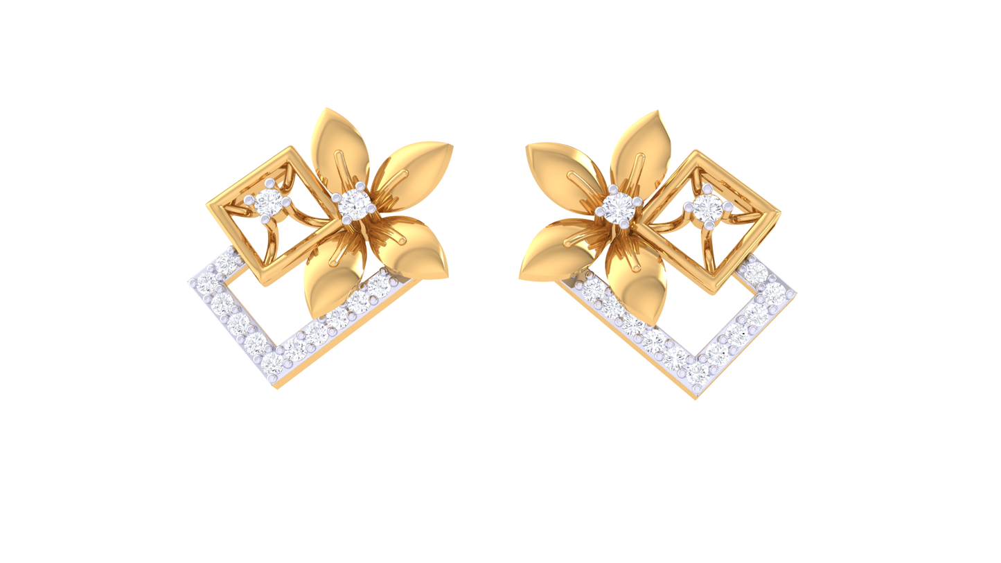 Duet Flora Frame Earrings In Yellow Gold - 0.26 Ct Sparkling Round Cut Dimonds